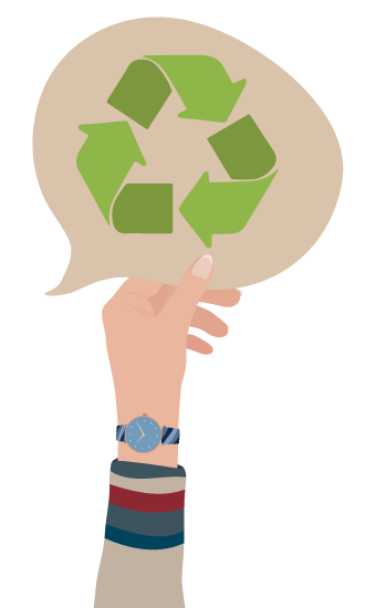 Graphic showing person holding speech bubble with recycling symbol inside.
