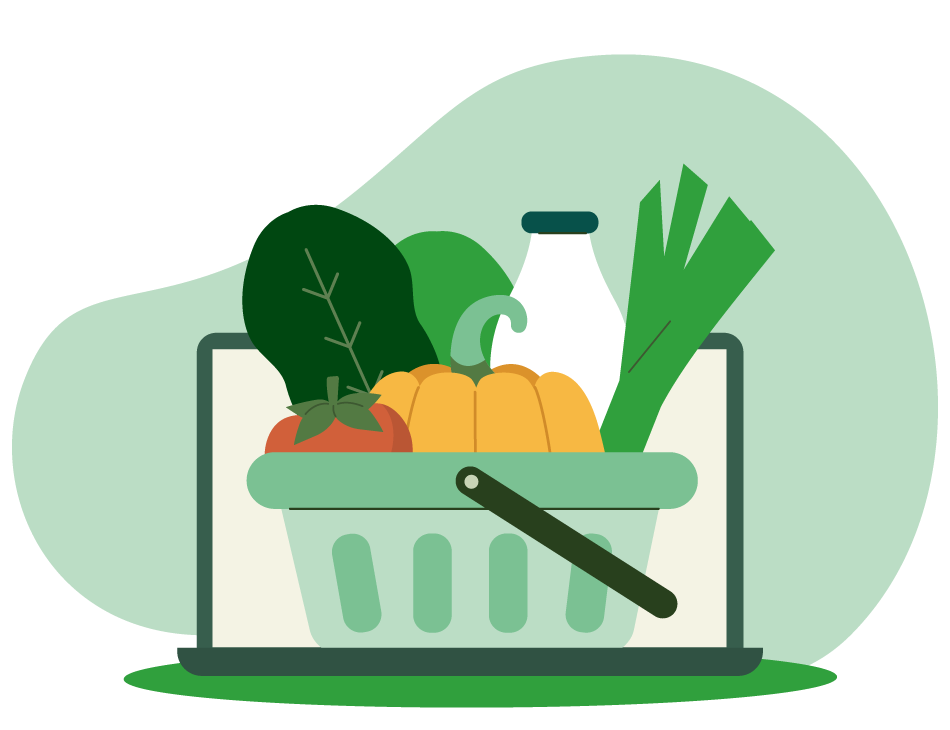 Mole Valley Website – What you can do-01 Graphic depicting a shopping basket filled with vegetables coming out through a laptop screen.