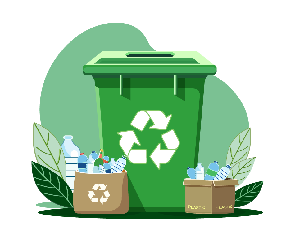 Mole Valley Website – What you can do-02 Graphic depicting recycling bin with boxes of bottles in front