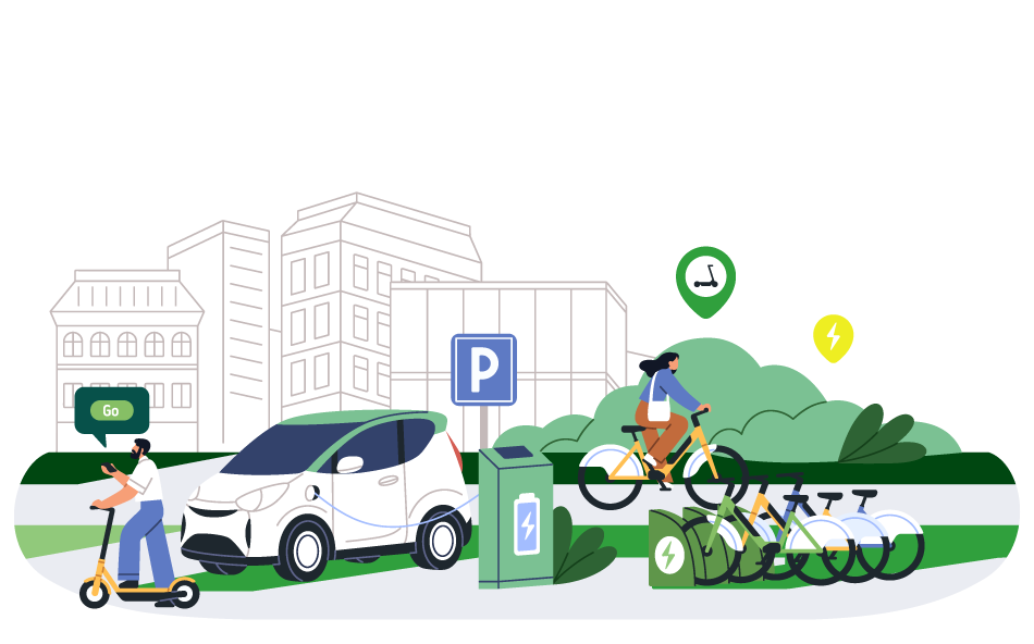 Mole Valley Website – What you can do-03 Graphic depicting various different times of sustainable transport.