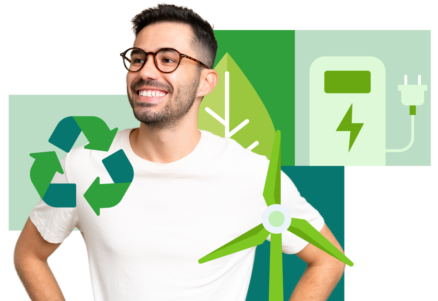 Mole Valley Website – banner Graphic depicting person look to the side with sustainable symbols surrounding