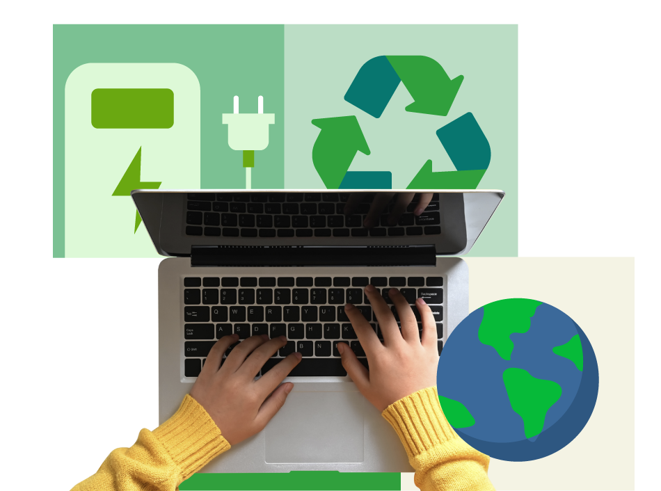 Mole Valley Website – tell us your stories Graphic depicting person on laptop with sustainable symbols surrounding